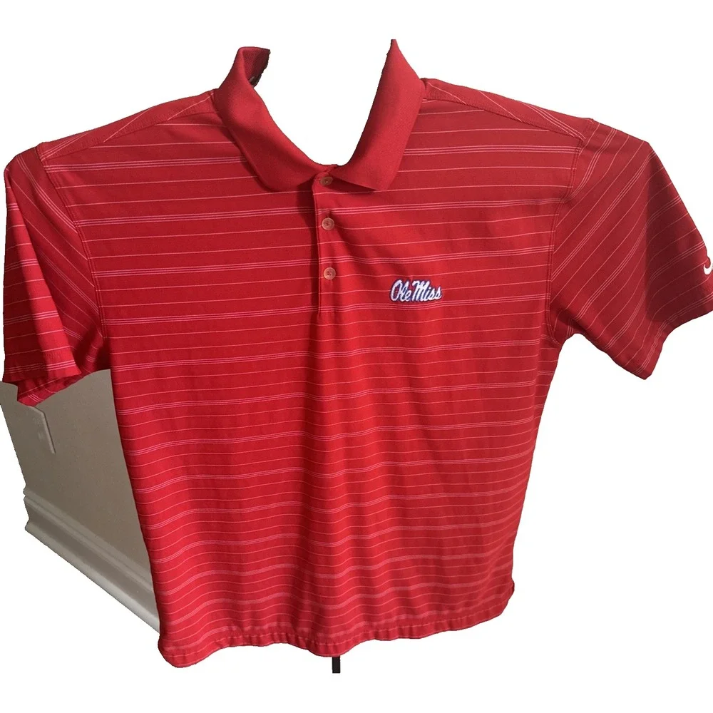 Ole Miss Nike Dri Fit Polo Shirt Size L Red White Striped Short Sleeve Preowned